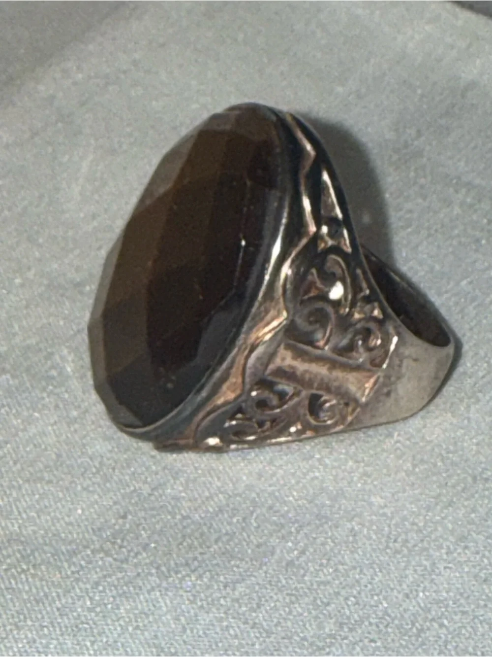 Signed JW Vintage 925 Sterling Silver Smoky Quartz Large Oval Cocktail Ring Sz9